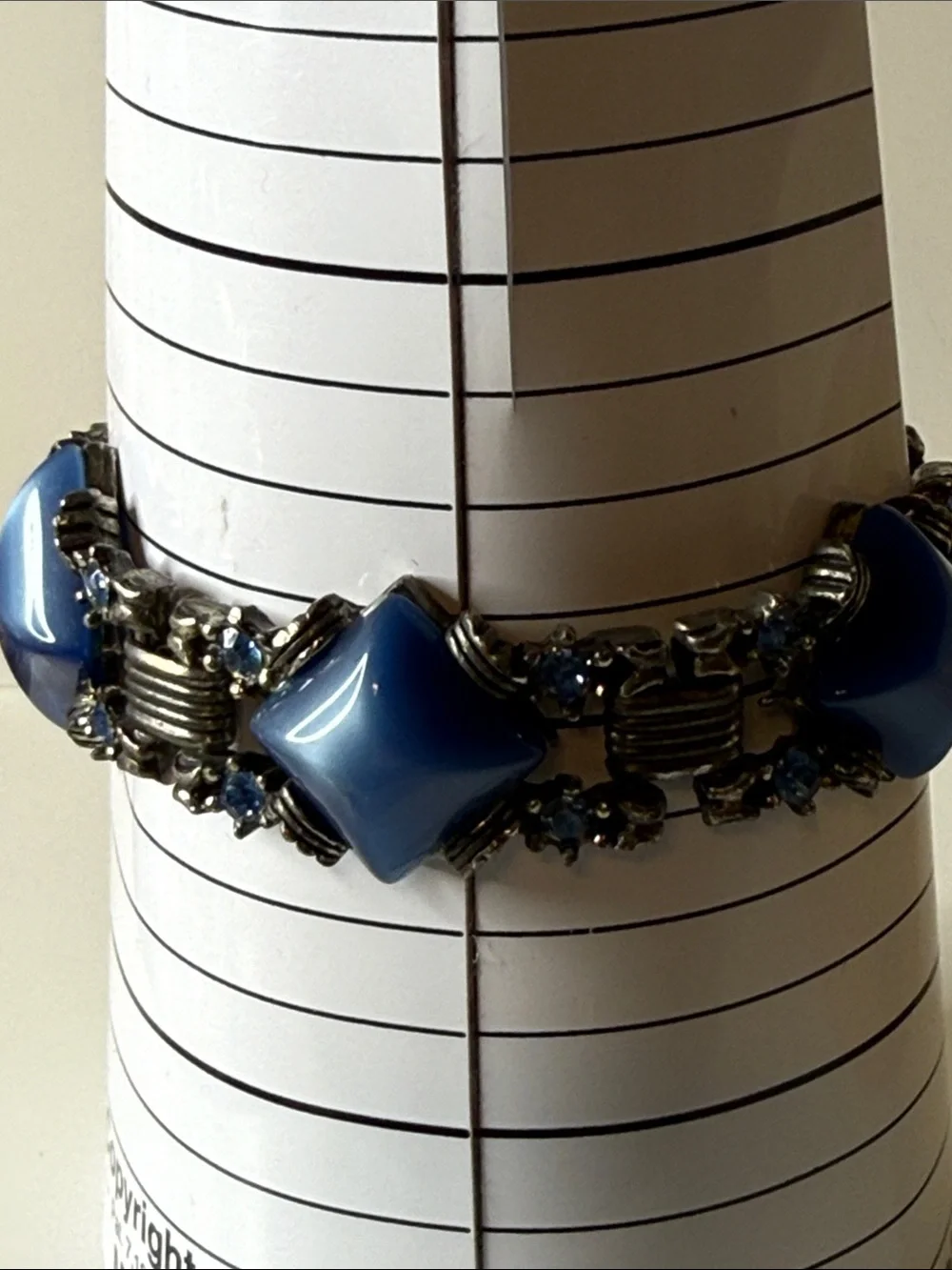 Blue diamond shape moonglow rhinestone chunky gunmetal Vintage Bracelet art deco